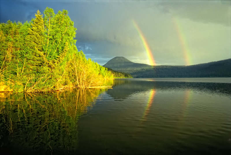 Rainbow over Bowron Lake, BC